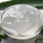 Aloe vera gel and slices of plant on white background, closeup